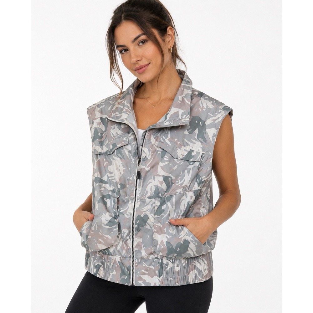 Avia L Gray Tropical Print Utility Vest Zip Front Sleeveless Pockets
